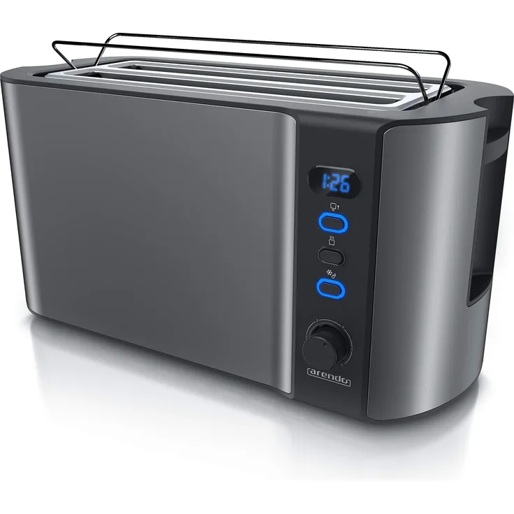 Arendo Edelstahl Toaster Langschlitz 4 Scheiben - Defrost Funktion - wärmeisolierendes Gehäuse - mit integrierten Brötchenaufsatz - 1500W - Krümelschublade - Display mit Restzeitanzeige - Cool Grey