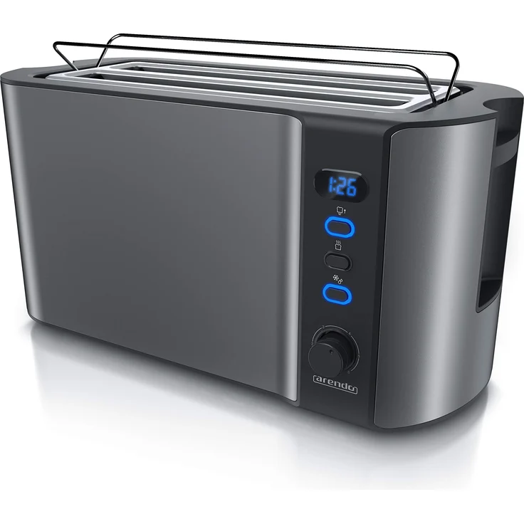 Arendo Edelstahl Toaster Langschlitz 4 Scheiben - Defrost Funktion - wärmeisolierendes Gehäuse - mit integrierten Brötchenaufsatz - 1500W - Krümelschublade - Display mit Restzeitanzeige - Cool Grey – Bild 1