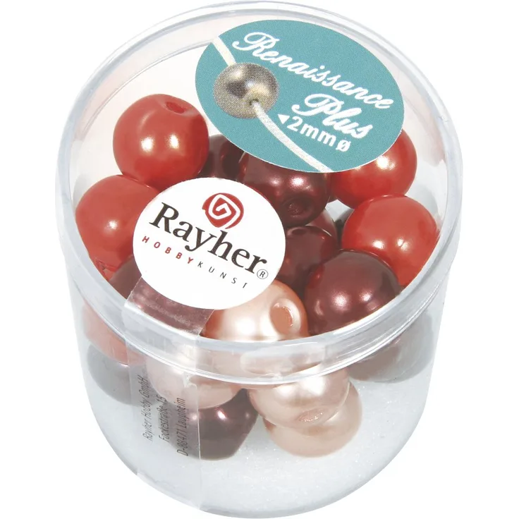 RAYHER 14433000 Renaissance Glaswachsperlen, 10 mm, Dose 32 Stück mit Großloch, rot mix