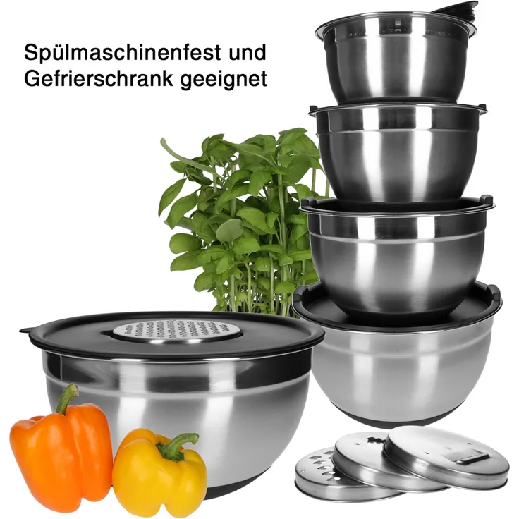 Edelstahl Rührschüssel 18-10 inkl. Deckel und 4 Gemüsereiben ohne Griff 15-teilig