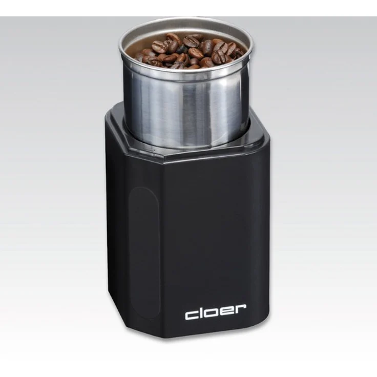 Cloer 7580 Elektrische Kaffeemühle, 200 W für 70 g Kaffeebohnen, abnehmbarer Edelstahlbehälter, schwarz, Kunststoff – Bild 4