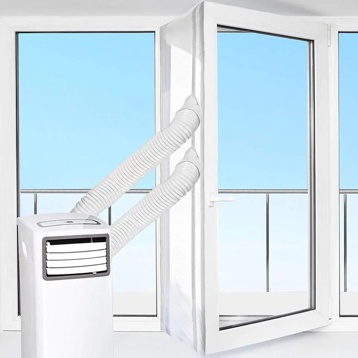 SHE03AIRSTPVT Fensterabdichtung für mobile Klimageräte und Ablufttrockner, Hot Air Stop mit Reißverschluss, Für Dachfenster und Balkontür geeignet, Weiß