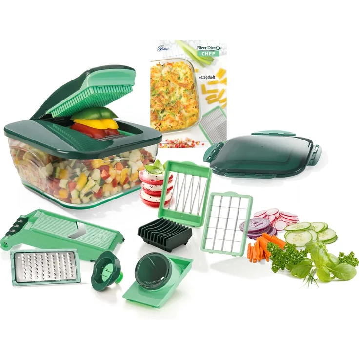 Genius Nicer Dicer Chef (15 Teile) | Obstschneider, Gemüseschneider, Zwiebelschneider, Zerkleinerer, Gemüsehobel, Mandoline
