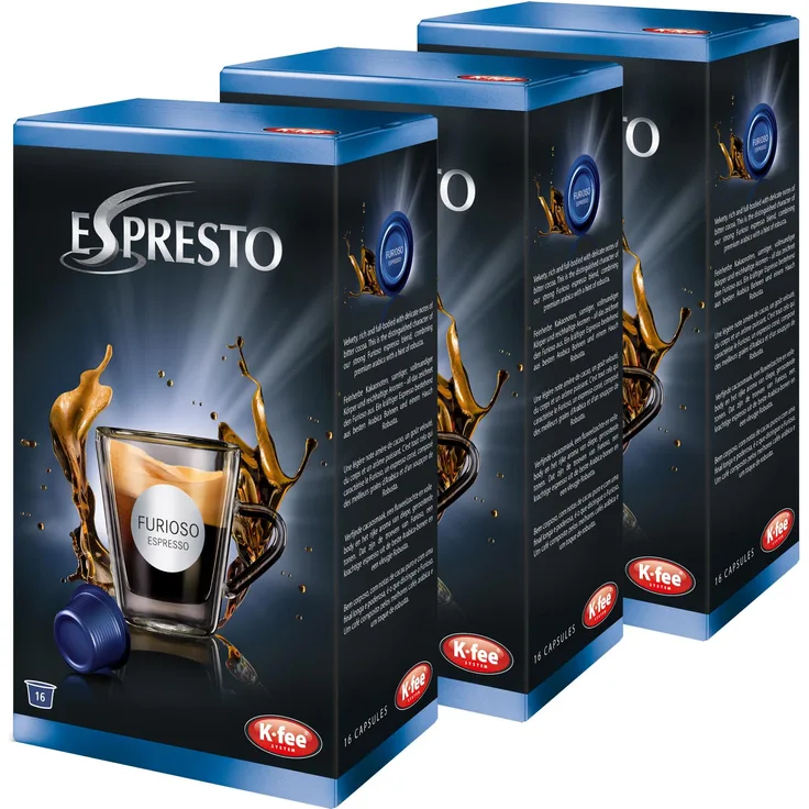 K-Fee Espresto Espresso Furioso, Kaffee, Arabica, Intensität 8, 3er Pack, 3 x 16 Kapseln