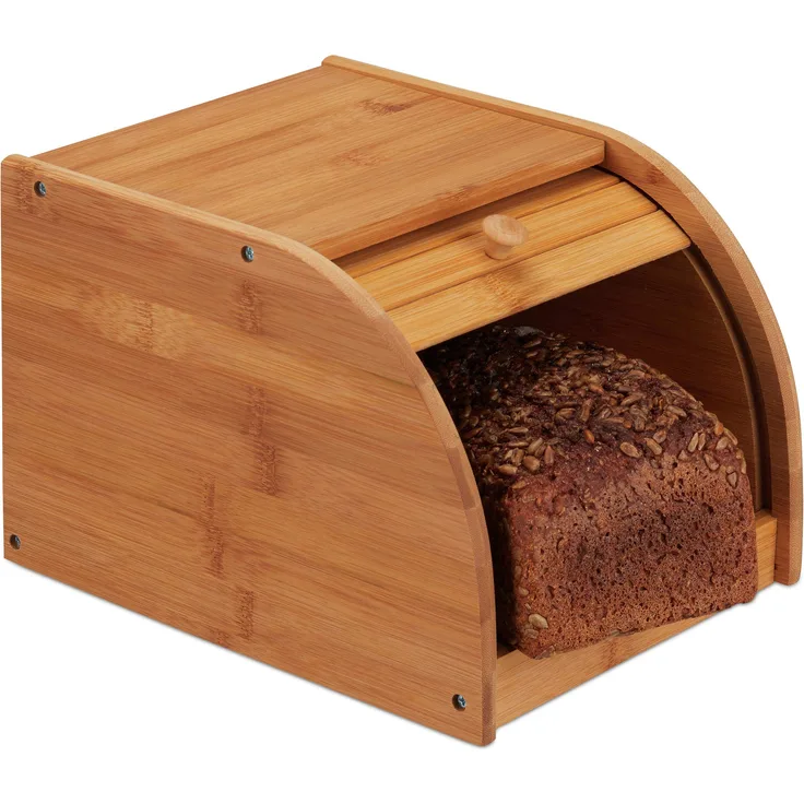 Relaxdays Brotkasten Bambus, rollbare Frontklappe, aromadichte Brotaufbewahrung, Rollbrotkasten, HBT: 18x20x27 cm, natur