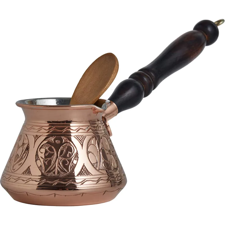 DEMMEX 2019?9 oz dick 2 mm Kupfer türkisch griechisch arabisch graviert Kaffeekanne Herd Kaffeemaschine Cezve Ibrik Briki mit Holzgriff & Holztopflöffel, für 3 Personen kupfer