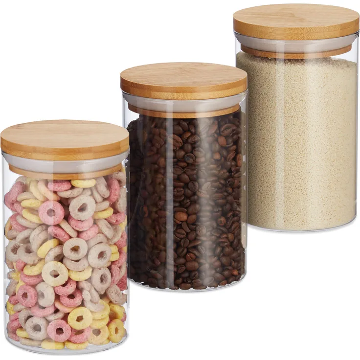 Relaxdays Vorratsdosen Glas, 3er Set, für Pasta, Reis, Müsli, Kaffeebohnen, Volumen 800 ml, HxD 16x9,5 cm, Bambus, natur