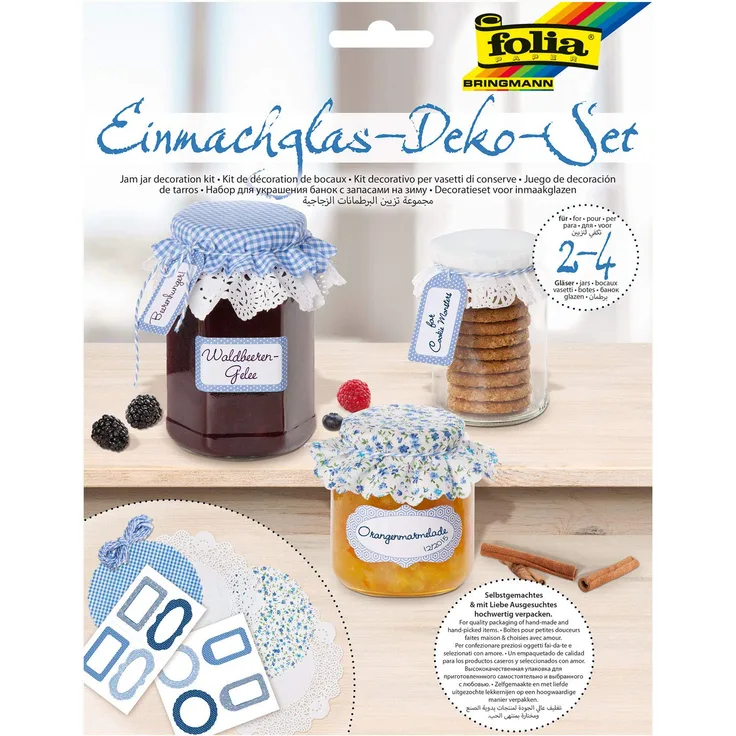 folia 30303 - Einmachglas Dekorationsset, 13 teiliges Set zum Verzieren von Einmachgläsern mit Etiketten, Deckchen und Anhängern in den Farben hellblau-dunkelblau, zum anschließenden Verschenken