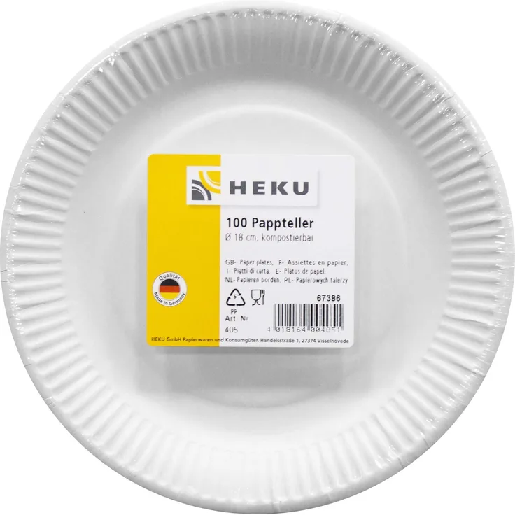 HEKU 30405-1: 100 Pappteller, weiß, rund, Ø 18cm, 100% Frischfaser ohne Beschichtung