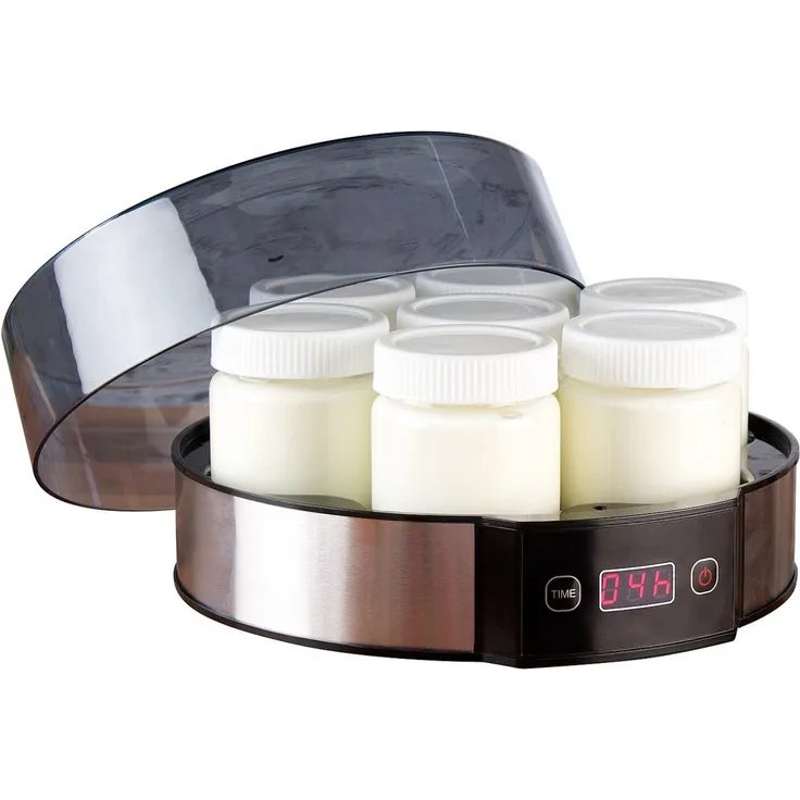 Rosenstein & Söhne Joghurtmaker Joghurt Maker mit Zeitschaltuhr, 20W, 7 Gläser mit je 190 ml, LED-Display, silber, schwarz