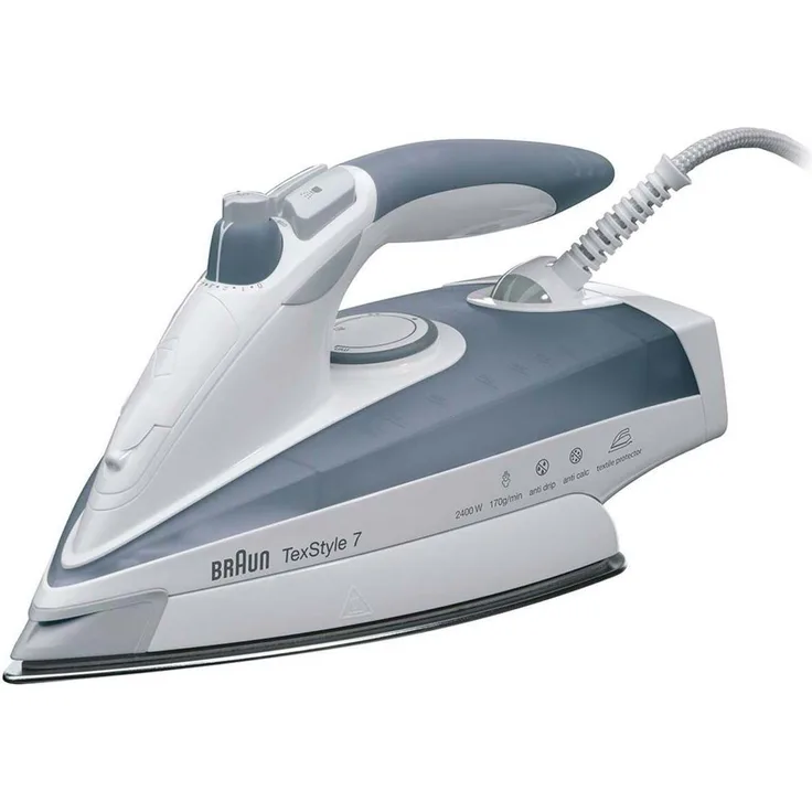 Braun TexStyle 7 TS 775 TP Dampfbügeleisen (2400 W, Dreiecks-Dampfstoß: 200 g-min, Variabler Dampf: 50 g-min, 400 ml Wassertank, Textilprotektor, Anti-Kalk-System), grau