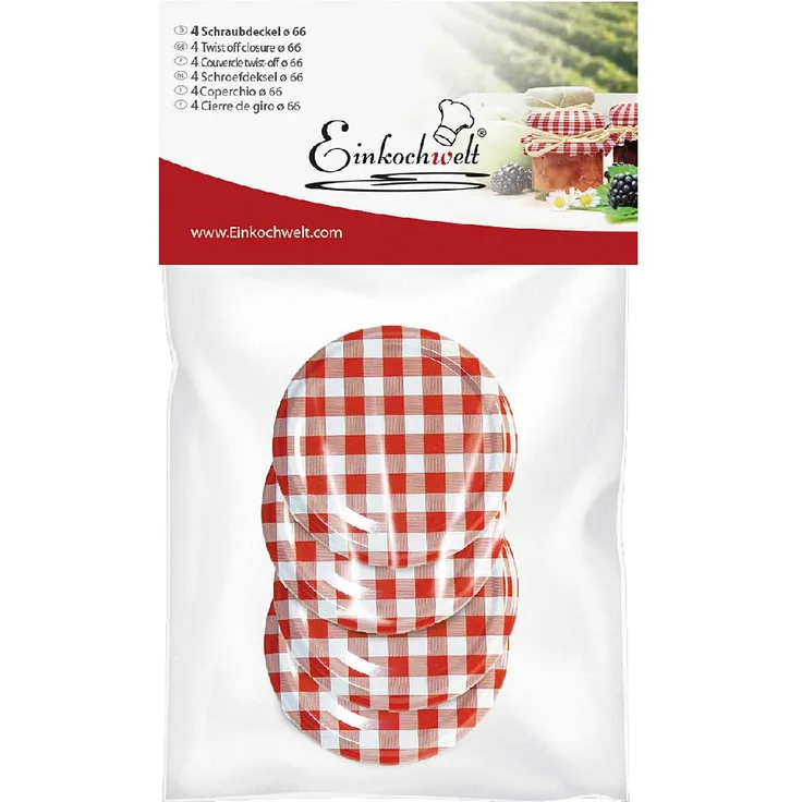 EINKOCHWELT Twist-off Deckel steril. Ø 66 mm, rot-weiß kariert 4er Pack