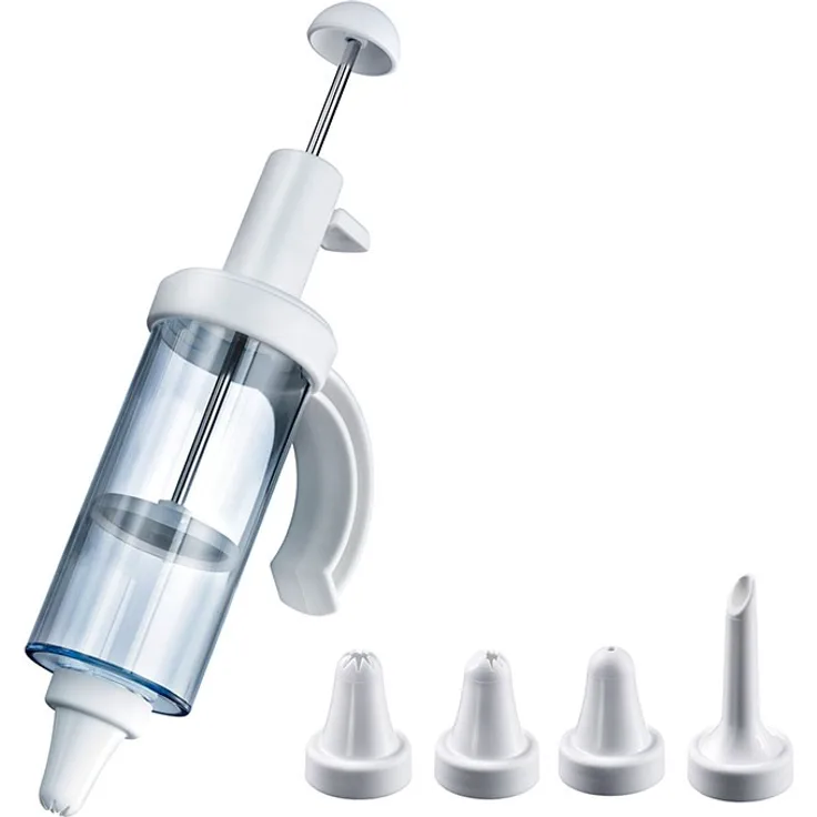Westmark Garnier- und Krapfenspritze mit 5 verschiedenen Form-Tüllen, Füllvolumen: 180 ml, Einhand-Bedienung, Kunststoff-Rostfreier Edelstahl, Transparent-Weiß, 31162260
