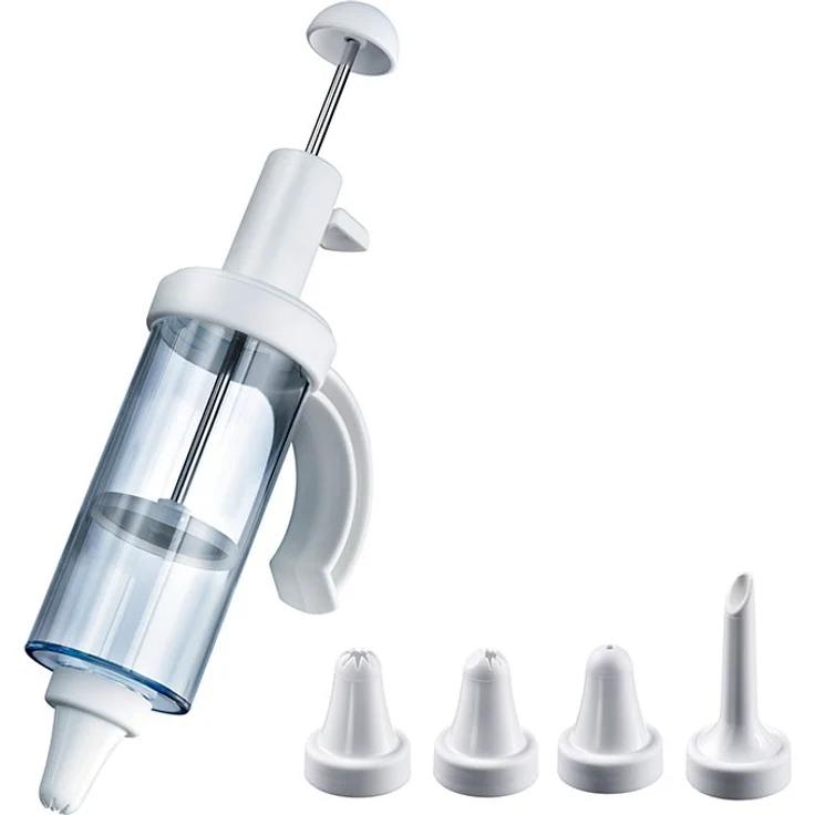 Westmark Garnier- und Krapfenspritze mit 5 verschiedenen Form-Tüllen, Füllvolumen: 180 ml, Einhand-Bedienung, Kunststoff-Rostfreier Edelstahl, Transparent-Weiß, 31162260 – Bild 1