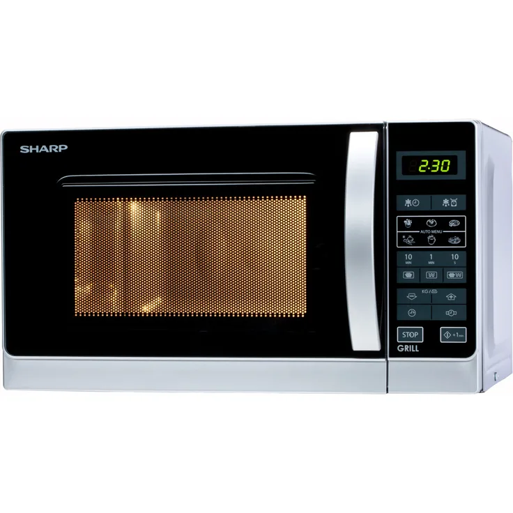 Sharp R642INW 2-in-1 Mikrowelle mit Grill, Standgerät, 20 Liter Garraum, 800 Watt, 8 Automatikprogramme, Timer, Kindersicherung, Energiesparmodus, Glasdrehteller 25,5 cm, silber