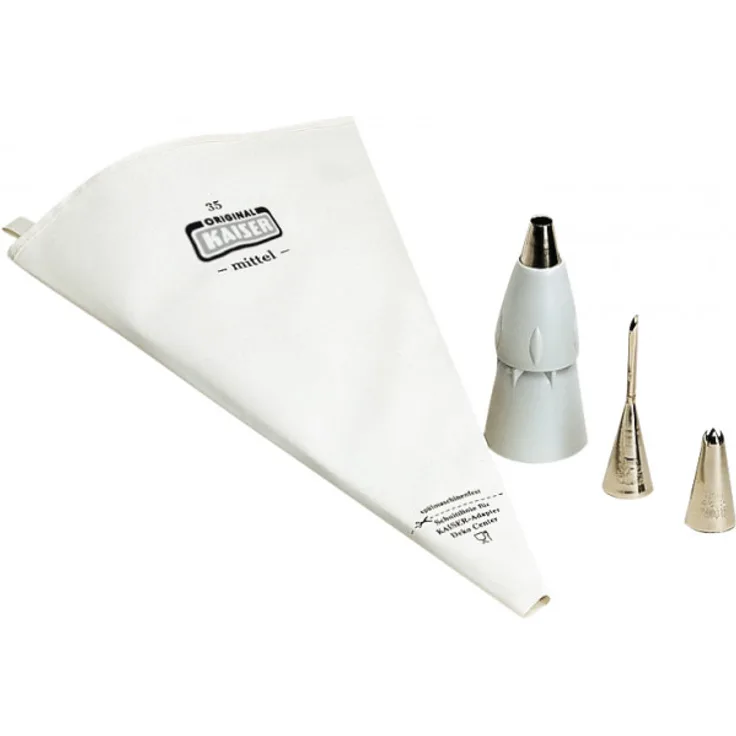 Kaiser Inspiration Spritzbeutel Set 5-teilig, wiederverwendbarer Spritzbeutel mit Tüllen, Adapter, 3 Spritztüllen, kochfest, Schneidehilfslinie