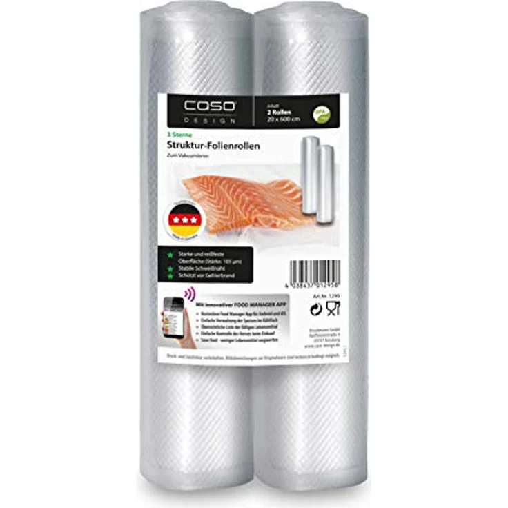 CASO Strukturrollen, 20 x 600 cm - 2 Rollen, für alle Balken Vakuumierer & Folienschweißgeräte, BPA-frei, stark & reißfest ca. 105µm, stabile Schweißnaht, Sous Vide geeignet – Bild 1