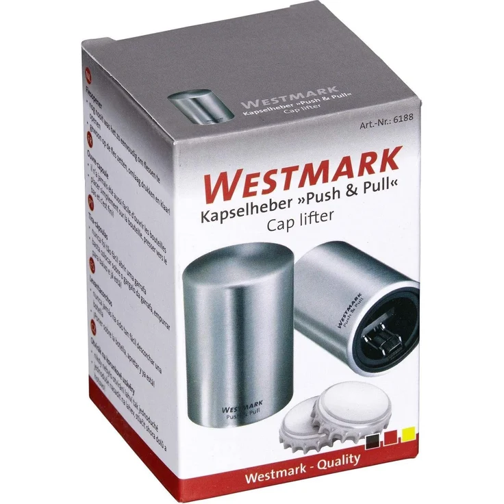 Westmark automatischer Flaschenöffner für Kronkorken-Flaschen, Material: gebürstetes Aluminium, Push&Pull-Automatik, Farbe: silber, Abmessungen: 5.3 x 5.3 x 8 cm – Bild 6
