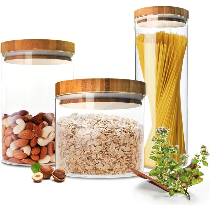 Sendez 3 Vorratsdosen Set, Vorratsbehälter, Vorratsdose, Vorratsglas, Vorratsgläser, 0,63 L, 1,25 L, 2,17 L, Borosilikatglas mit Bambusdeckel, transparent