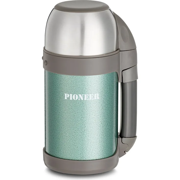 Pioneer Outdoor-Isolierflasche aus Hochwertigem Edelstahl mit Griff und Tasse 1,0 L Doppelwandig Auslaufsicher 8 Stunden Heiß oder Kühl BPA Frei - Grün
