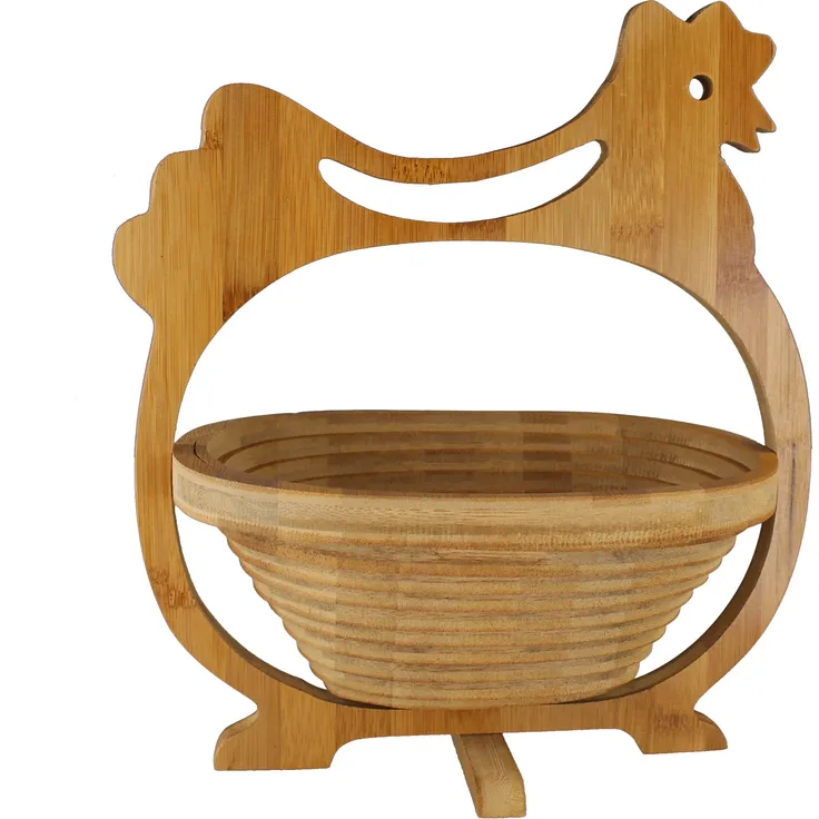 GMMH Faltkorb Bambus Obstkorb Dekoschale Obstschale Holz faltbar Design Huhn