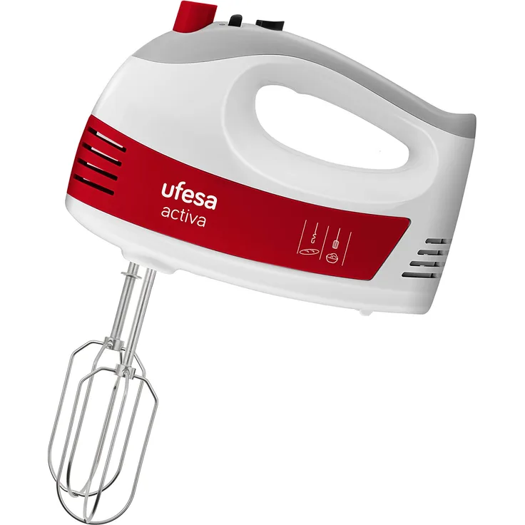 Ufesa 4572 BV4650 Handmixer, 400 W, 5 Geschwindigkeitsstufen + Turbo, Auswurftaste, 2 Knethaken, 2 Rührbesen, ergonomisches Design mit Soft-Touch-Griff, weiß