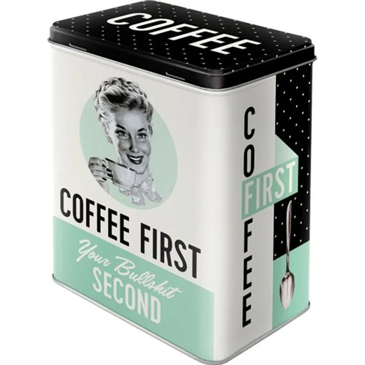 Nostalgic-Art 30146 Aufbewahrungs-Box | Kaffee Blech-Dose | Metall Vorratsdose L, Say it 50's-Coffee First, 10 x 14 x 20 cm