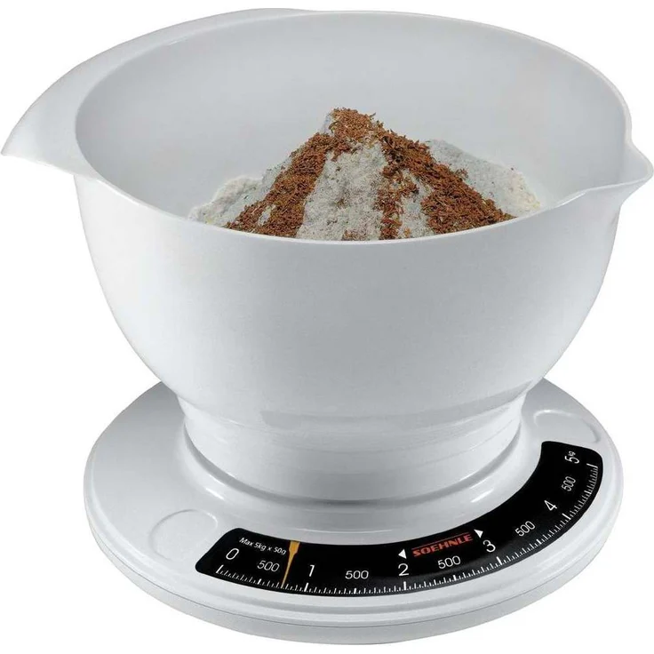 Soehnle Culina Pro 5 kg, analoge Küchenwaage, weiß, Gewicht bis zu 5 kg (50-g-genau), Haushaltswaage mit großer Rührschüssel, Küchenwaage retro für Kuchen und weiteres – Bild 2