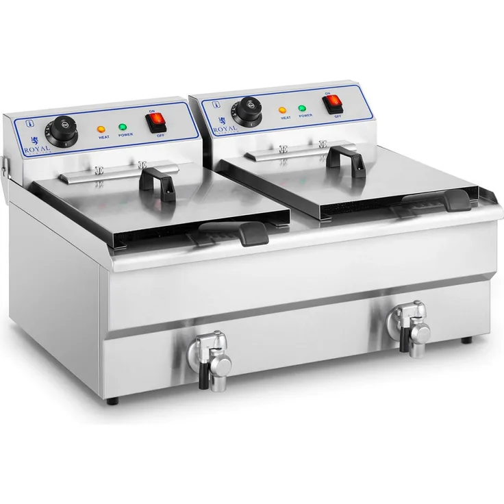 Royal Catering RCSF 16DTH Fritteuse, Edelstahl, mit Öl, 2 x 16 Liter Fassungsvermögen, 12.000 Watt, silber