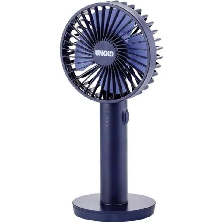 Unold 86628 HANDVENTILATOR Breezy II Blue mit integriertem Spiegel im Standfuß, 5-stufiger Geschwindigkeitsregelung und LED-Kontrollleuchte