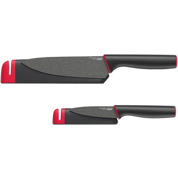Joseph Joseph Slice&Sharpen - 2-er Set, Silikonbeschichtete Messer mit integriertem Messerschärfer - schwarz-rot