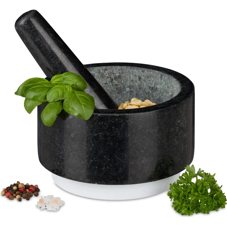 Relaxdays Granit Mörser mit Stößel, langlebig, Gewürze, Kräuter, rutschfest, Steinmörser, Ø 14 cm, 400 ml, grau-weiß