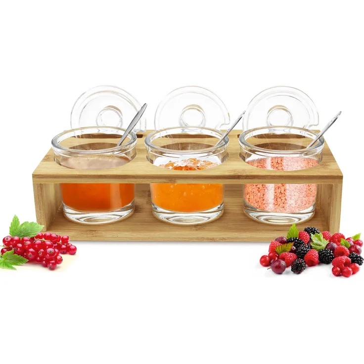 Sendez 3 Gewürzgläser mit Holzkiste und Löffeln Gewürzdosen Parmesandosen Marmeladendosen Set Honigdose Dose Zuckerdose Salzdose Vorratsdose