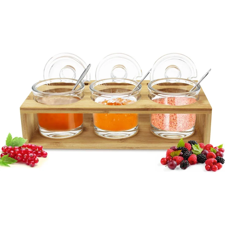 Sendez 3 Gewürzgläser mit Holzkiste und Löffeln Gewürzdosen Parmesandosen Marmeladendosen Set Honigdose Dose Zuckerdose Salzdose Vorratsdose – Bild 1