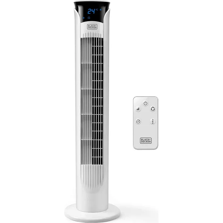 Black + Decker BXEFT48E - Digitaler oszillierender Turmventilator mit Fernbedienung, 81 cm hoch, 3 Geschwindigkeitsstufen, 3 Modi, Zeitschaltuhr 12 h, Leistungsstark, weiß.