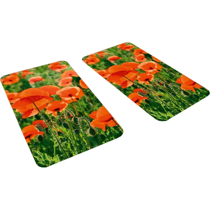 Wenko 2521434500 Herdabdeckplatte Universal Mohnfeld - 2er Set, für alle Herdarten, Gehärtetes Glas, 30 x 1.8-4.5 x 52 cm, Mehrfarbig