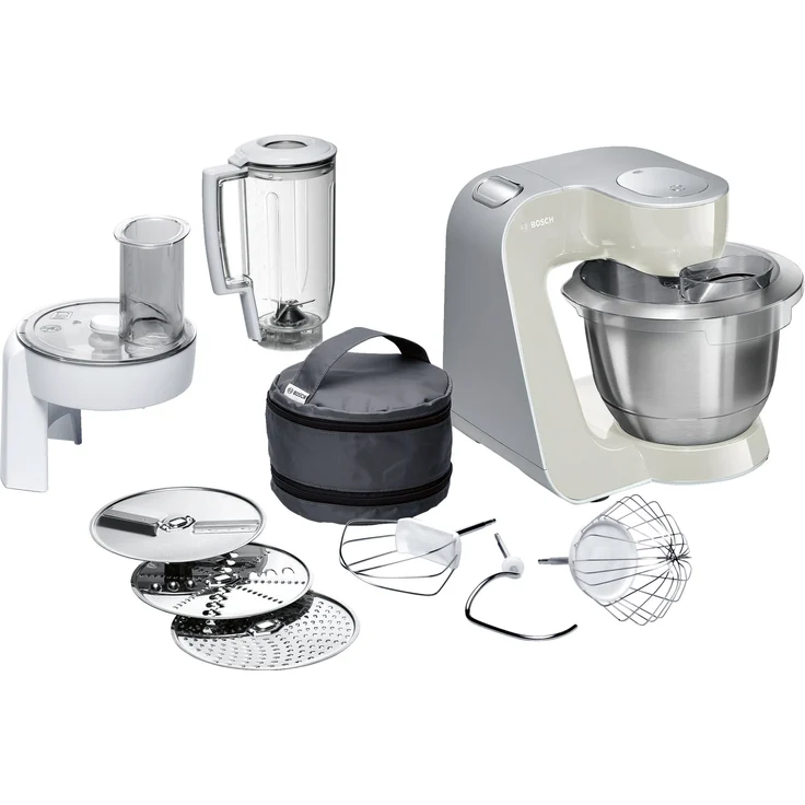 Bosch MUM58L20 CreationLine Küchenmaschine mit Planetenrührwerk 1000W, 3,9 L Schüssel, 7 Geschwindigkeiten, inkl. Patisserie-Set, Durchlaufschnitzler und Standmixeraufsatz, mineralgrau-silber, Serie: MUM5 – Bild 1