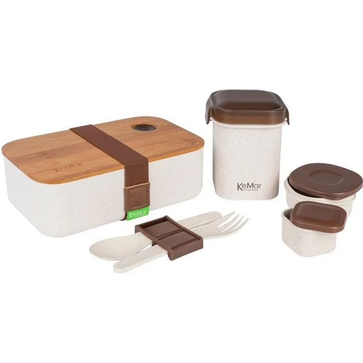 KeMar Kitchenware Lunchbox HuskKBundleset6-1, Reisfaser, Polypropylen, (Set, 6-tlg., LUNCHBOX, BROTDOSE, BENTOBOX, BAMBUS DECKEL, 6 TEILE), 1,1 Liter mit Bambus Deckel, Besteck, Stofftasche, 2 Zusatzbehälter
