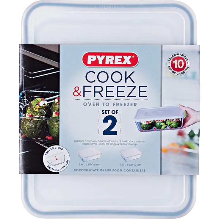 Pyrex Cook&Freeze Set aus 2 rechteckigen Behältern mit Deckel, Borosilikatglas, extra robust, 1,5 l + 2,6 l, Backofengeeignet