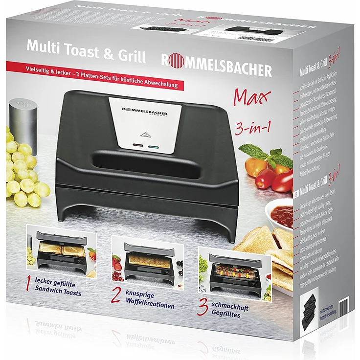 ROMMELSBACHER SWG 700 3-in-1 Multi Toast & Grill Max Sandwich-Maker, belgisches Waffeleisen, Kontaktgrill, 3 wechselbare Alu-Druckguss-Platten, 2-Lagen Antihaftbeschichtung schwarz-Edelstahl – Bild 6