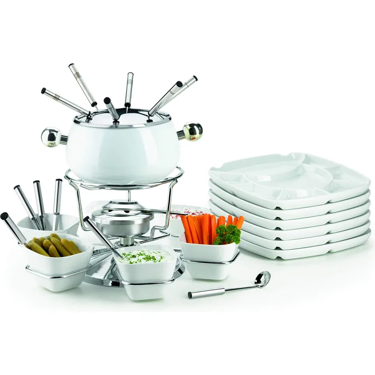 Mäser 931228 Fondue-Set 28-teilig, weißer Fonduetopf inklusive Spritzschutz, Fonduegabeln, Schälchen und Fondueteller für 6 Personen