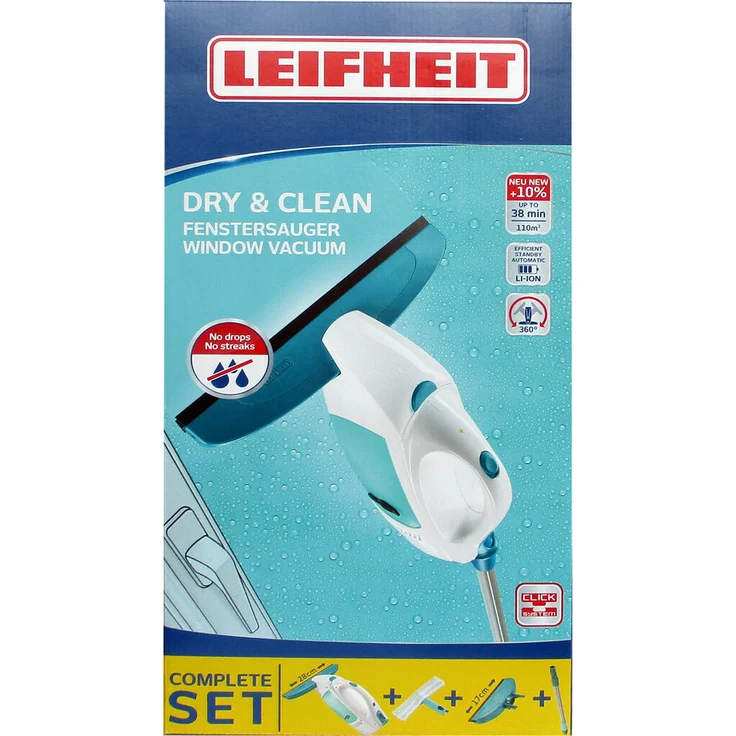 Leifheit Fenstersauger Set Dry and Clean mit Stiel und Einwascher und zweiter Düse 51016 für 360° streifenfreie Reinigung, verwendbar bis zu 35 min, Fensterrreiniger mit Stand-by-Automatik und Click-System – Bild 9