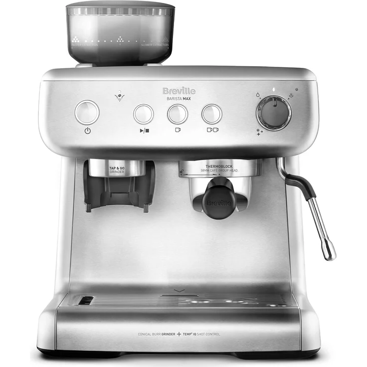 Breville VCF126X Barista Max Siebträger (2,8 L Wassertank, integriertes Mahlwerk und Milchschäumer, Edelstahl auch für Latte und Cappuccino) – Bild 1