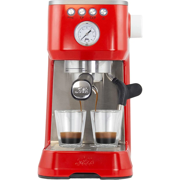 Solis Espressomaschine, Manometer, Dampf- und Heißwasserfunktion, PID-Temperaturregler, 54 mm Siebträger mit Doppelauslauf, 15 bar, 1,7 l Wassertank, Edelstahl, Barista Perfetta Plus Red (Typ 1170) – Bild 1