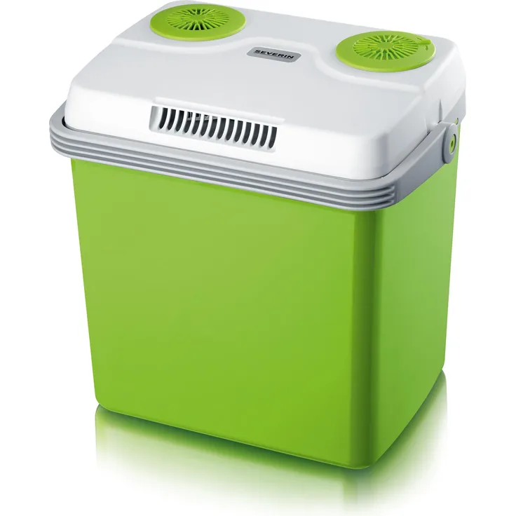Severin KB 2923 Elektrische Kühlbox, Energieeffizienzklasse E, mit Kühl- und Warmhaltefunktion, 25 L, inkl. 3 Anschlüssen: Netzanschluss, zusätzliche 12 V-Anschlussleitung für Zigarettenanzünder und USB-Anschluss, grün, weiß