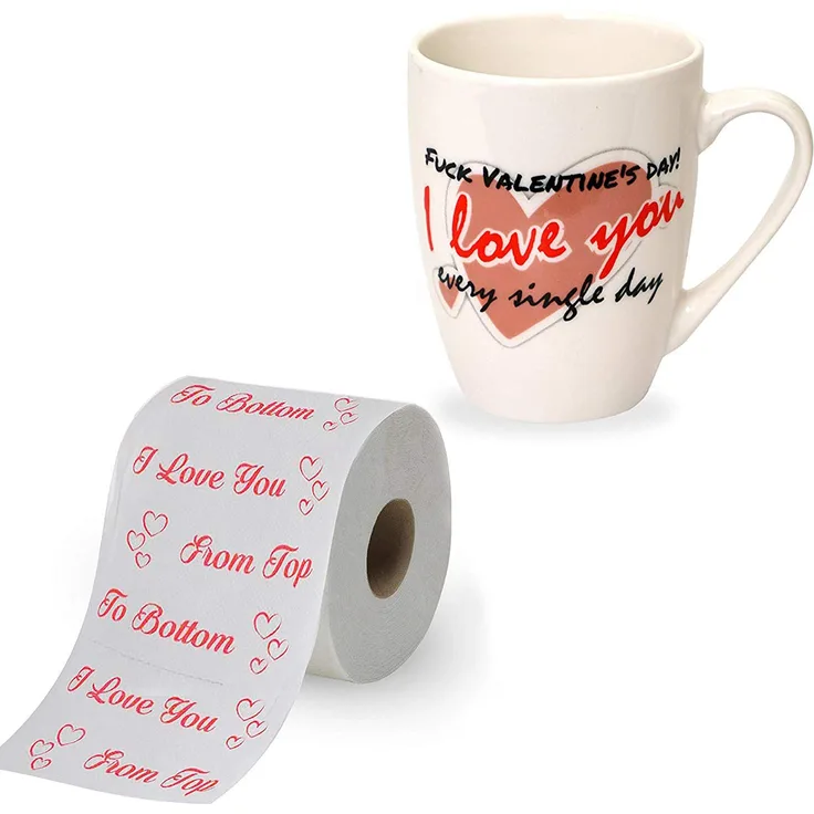 Mia Mio - Lustiges Toilettenpapier + Tasse als Geschenk für SieIhn zum Valentinstag (I Love You from top to Bottom & FCK Valentines Day I Love You Every Single Day)