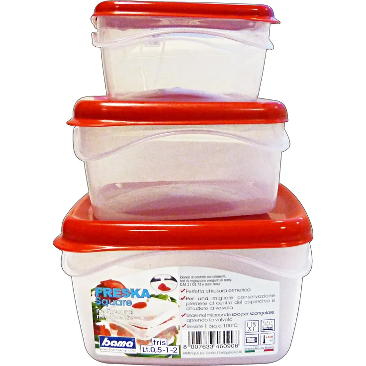 Bama Nässestop S18 3 Stück Freska quadratisch Food Container, 0,5, 1, 2 l, Mehrfarbig, 17,5 x 17,5 x 10,7 cm