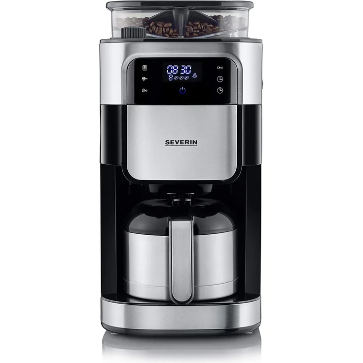 Severin KA Kaffeemaschine mit Mühle, 1000 W, gebürsteter Edelstahl, Schwarz Thermoskanne