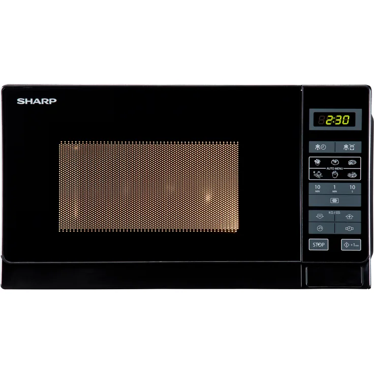 Sharp R242BKW Mikrowelle, Standgerät, 20 Liter Garraum, 800 Watt, 5 Leistungsstufen, 8 Automatikprogramme, Kindersicherung, Energiesparmodus, Glasdrehteller 25,5 cm, schwarz