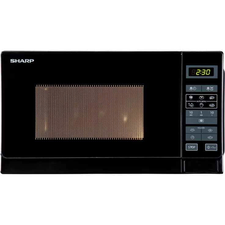 Sharp R242BKW Mikrowelle, Standgerät, 20 Liter Garraum, 800 Watt, 5 Leistungsstufen, 8 Automatikprogramme, Kindersicherung, Energiesparmodus, Glasdrehteller 25,5 cm, schwarz – Bild 1